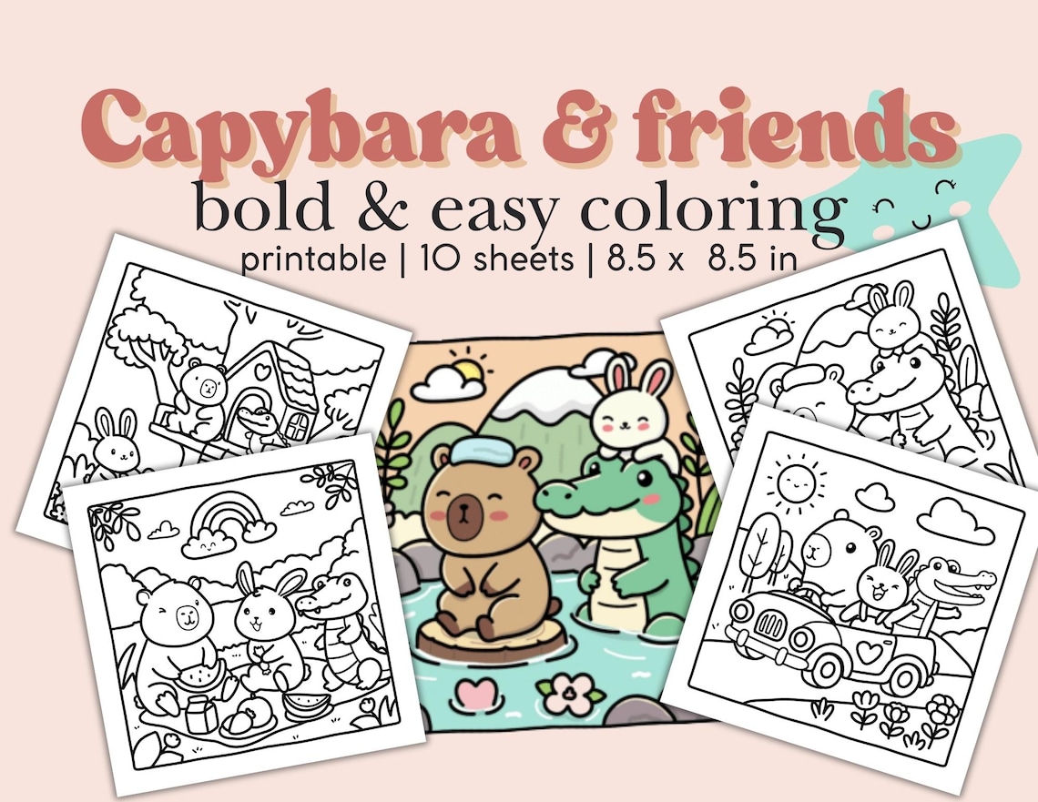 Bold and Easy Capybara and Friends Coloring Pages | Hand-drawn ...