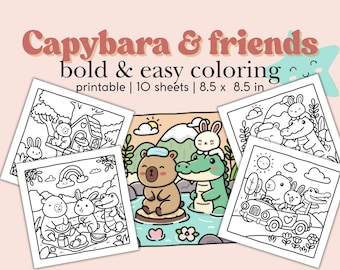 Bold and Easy Capybara and Friends Coloring Pages | Hand-Drawn Printable Kids & Adult Coloring Book | Stress Relief Sheets | Coco Wyo Style