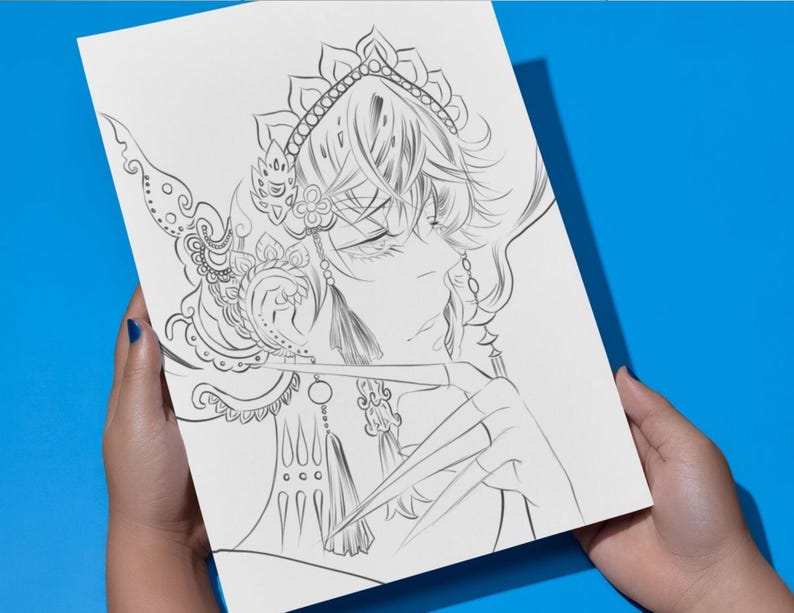 Peut inclure: Un dessin au trait en noir et blanc d'une personne avec une coiffe orn&eacute;e et de longs ongles pointus. L'&oelig;uvre est tenue par des mains sur un fond bleu. Le dessin pr&eacute;sente des lignes et des ombres d&eacute;taill&eacute;es.