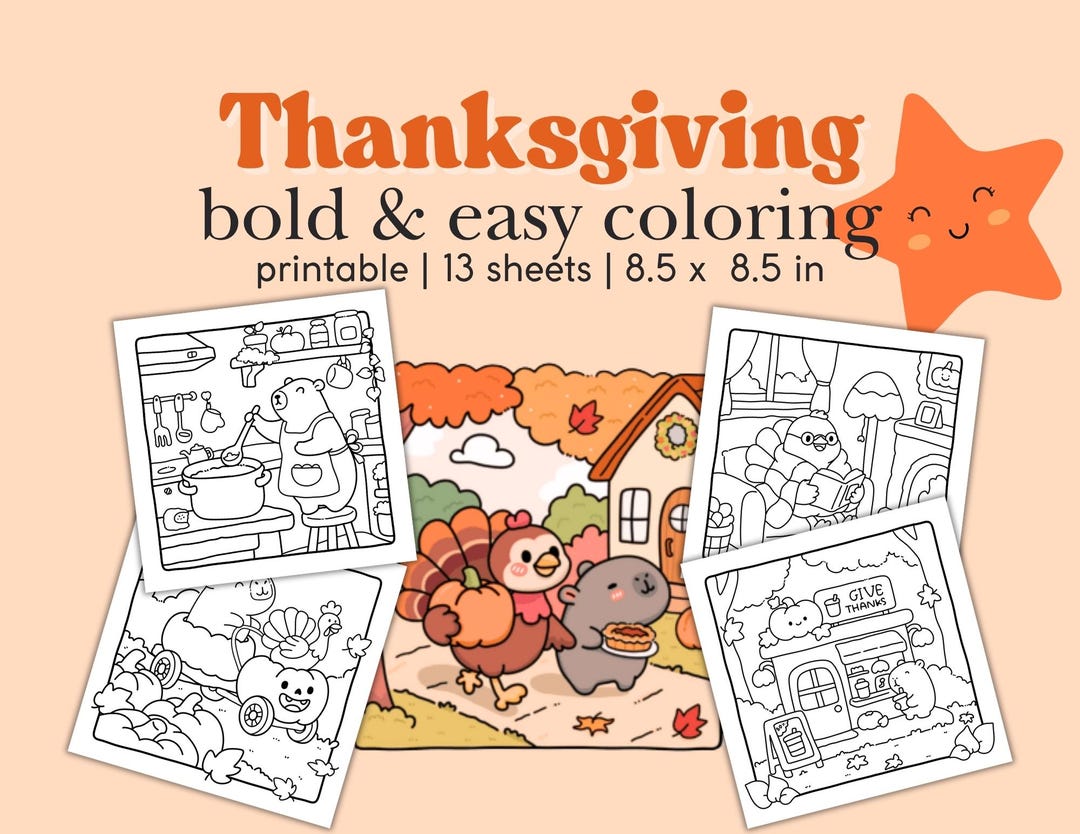 Thanksiving Capybara Bold and Easy Capybara Thanksgiving Coloring Pages | Hand-drawn ...