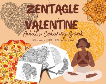 Valentine Zentangle Coloring Pages: Heart Mandalas, Romantic Animals (PDF)