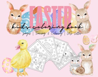 Libro da colorare di Pasqua per bambini: tracciare l'alfabeto, disegni di conigli (download digitale)