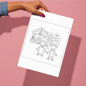 Hansel & Gretel storybook printable for kids craft, fairy tale magic, witch’s house, storytelling activity, hand-drawn coloring page, whimsical art, creative DIY, fantasy book illustrations, learning activity, vintage fable, bedtime story characters