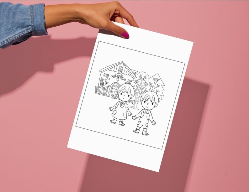 Hansel & Gretel storybook printable for kids craft, fairy tale magic, witch’s house, storytelling activity, hand-drawn coloring page, whimsical art, creative DIY, fantasy book illustrations, learning activity, vintage fable, bedtime story characters