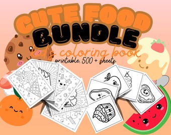 May include: A black and white coloring book with the title "Cute Food Bundle Kid's Coloring Book Printable. 500+ sheets". The book features images of various cute food items, such as ice cream cones, cupcakes, and fruit.