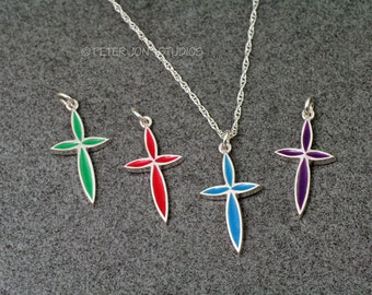 ENAMEL CROSS Necklace in sterling silver - Your Choice of Enamel color.  Includes 18"-24" chain, Christian Cross