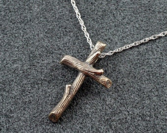 WOOD BRANCH CROSS in Sterling Silver, Handmade Cross Necklace, Twig Cross