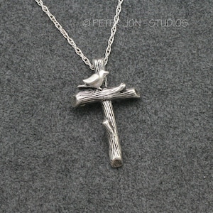 PERCHED DOVE CROSS in Sterling Silver, Twig Cross, Dove Necklace, Branch Cross