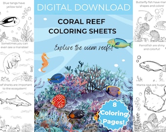 Op de afbeelding: Digitale download van kleurplaten van koraalriffen. De afbeelding bevat kleurrijke illustraties van verschillende vissen, koraal en zeeleven, met de tekst "Verken de oceaanriffen!" en "8 Kleurplaten!"