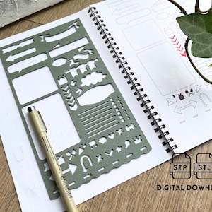 May include: A green stencil with various shapes and designs, including banners, arrows, and speech bubbles. The stencil is lying on a white notebook with a spiral binding. A pen is lying on the notebook next to the stencil. The text "STP STL DIGITAL DOWNLOAD" is visible at the bottom of the image.