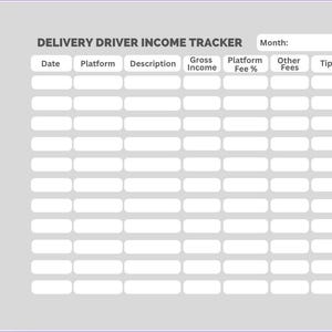 May include: A delivery driver income tracker with a light gray background and a purple border. The title "DELIVERY DRIVER INCOME TRACKER" is at the top. Columns include Date, Platform, Description, Gross Income, Platform Fee %, Other Fees, Tips, and Total Payout.