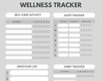 Può includere: Un tracker del benessere grigio con il testo "WELLNESS TRACKER" in alto. Il tracker include sezioni per l'attività di cura di sé, il sonno, la gratitudine e il monitoraggio delle abitudini. Ogni sezione ha spazi per le voci giornaliere.