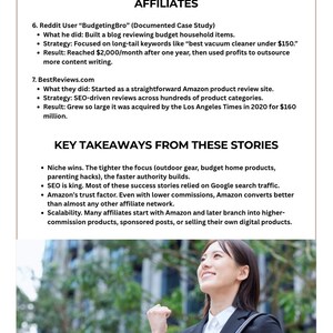 May include: A document titled "REAL SUCCESS STORIES FROM AMAZON AFFILIATES" with bullet points detailing successful affiliate marketing strategies. A woman in a blazer smiles in the bottom right corner. The text highlights SEO and niche marketing.