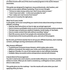 May include: A white page with black text detailing how to create an online income stream through Amazon Associates. The guide is for beginners and covers topics like choosing a niche and building a platform.