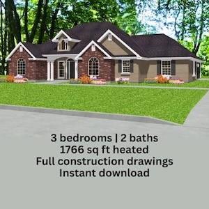 May include: A digital rendering of a two-story house with a dark roof, brick facade, and beige siding. The house has three bedrooms and two baths, with 1766 sq ft of heated space. The image includes the text "Full construction drawings" and "Instant download."