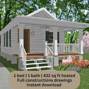 May include: A digital rendering of a small, one-storey house with a porch and steps. The house has a grey exterior, white trim, and green shutters. The text on the image reads: 1 bed | 1 bath | 40 sq m heated. Full constructions drawings. Instant download.