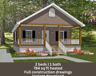 Laura Cottage Style House Plan: 2 Bed/1 Bath, 784 sq ft (PDF Blueprint Download)