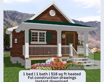 Mya Tiny House Plan: 518 sq ft Cottage, 1 Bed/1 Bath (PDF Download)