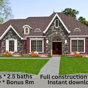 May include: Architectural rendering of a house with a brick and stone facade, a brown roof, and white trim. The house has multiple windows and a front door. Text at the bottom reads "3 beds * 2.5 baths Study * Bonus Rm Full construction plans Instant download."