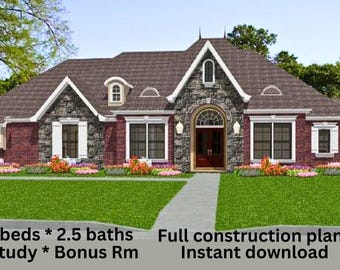 The Gabrielle French Country House Plan: 3 Bed, Study, Exercise Room | 2812 sq ft (Digital Download)