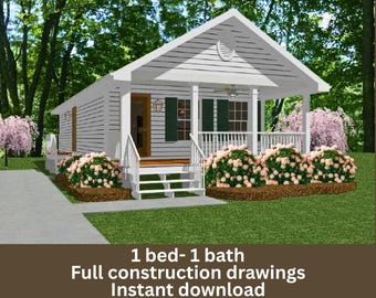 May include: A digital rendering of a small, white house with a porch, green shutters, and a gabled roof. The house is surrounded by green grass, bushes, and trees. The text at the bottom reads: "1 bed- 1 bath Full construction drawings Instant download."