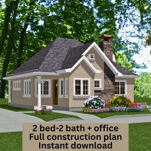 May include: A digital rendering of a small house with a brown roof, beige walls, and a stone chimney. The house has multiple windows and a front porch. Text at the bottom reads: "2 bed-2 bath + office Full construction plan Instant download."