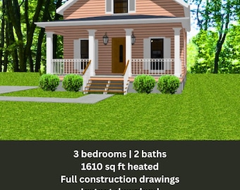 Arielle Farmhouse Home Plan: 3 Bed, 2 Bath, 1610 sq ft (PDF Blueprint)