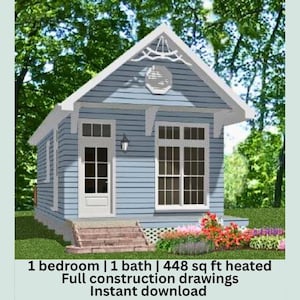 May include: A small, light blue house with white trim, a front door, and a large window. The house has a gabled roof and is surrounded by greenery. Text at the bottom reads: 1 bedroom | 1 bath | 41.62 sq m heated Full construction drawings Instant download.