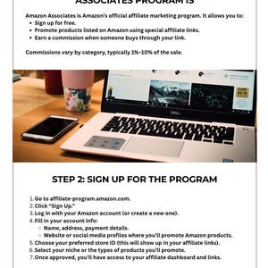 May include: Informational graphic about the Amazon Associates program. The image includes a laptop displaying a website, a smartphone, and a coffee cup. Text explains how to sign up and earn commissions by promoting products on Amazon.