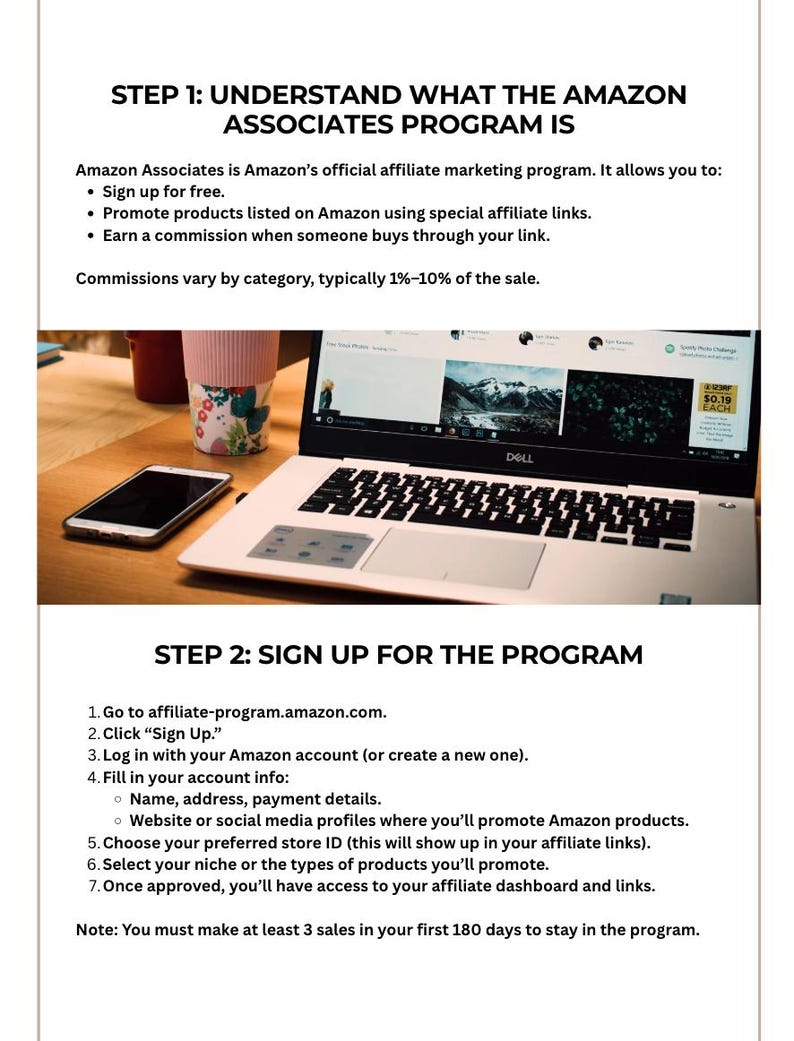 May include: Informational graphic about the Amazon Associates program. The image includes a laptop displaying a website, a smartphone, and a coffee cup. Text explains how to sign up and earn commissions by promoting products on Amazon.