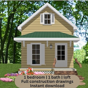 May include: Illustration of a small house with a green roof, beige siding, and white trim. The house has a front porch with a brick foundation and a small garden with colorful flowers. The text on the image reads: 1 bedroom | 1 bath | loft Full construction drawings Instant download.