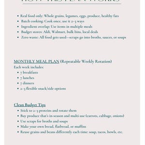 May include: A white page with green text detailing a meal plan. The text includes sections on how the plan works, a monthly meal plan, and clean budget tips. The plan emphasizes real food, batch cooking, and reducing waste.