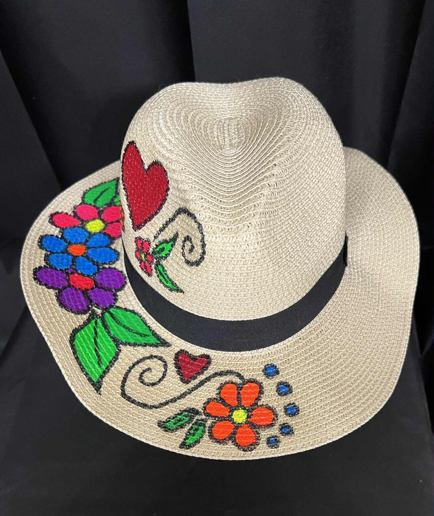Hand Painted Mexican Folk Art Straw Hat Pink Birds Floral Boater Medium Hand Painted Cowboy Hat - Felt – Camelia Mexican Boutique main image 2