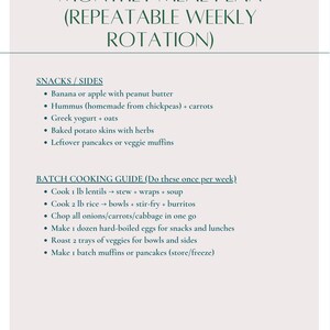 May include: A meal plan guide with the title "MONTHLY MEAL PLAN (REPEATABLE WEEKLY ROTATION)". The guide lists snack and side ideas, including banana with peanut butter and hummus with carrots. It also provides a batch cooking guide with instructions for lentils, rice, and vegetables.