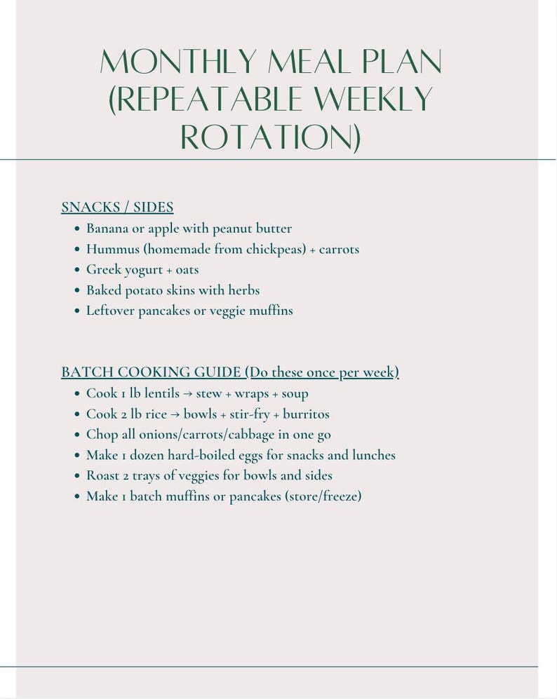 May include: A meal plan guide with the title "MONTHLY MEAL PLAN (REPEATABLE WEEKLY ROTATION)". The guide lists snack and side ideas, including banana with peanut butter and hummus with carrots. It also provides a batch cooking guide with instructions for lentils, rice, and vegetables.