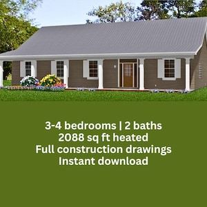 Op de afbeelding: Een digitale weergave van een eengezinswoning met een grijs dak, bruine gevelbekleding en witte afwerking. Het huis heeft een veranda met witte pilaren en luiken op de ramen. Tekst: 3-4 slaapkamers | 2 badkamers, 193.98 m² verwarmd.