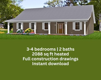 May include: A digital rendering of a single-story house with a gray roof, brown siding, and white trim. The house has a porch with white columns and shutters on the windows. Text on the image reads: 3-4 bedrooms | 2 baths, 2088 sq ft heated, Full construction drawings, Instant download.