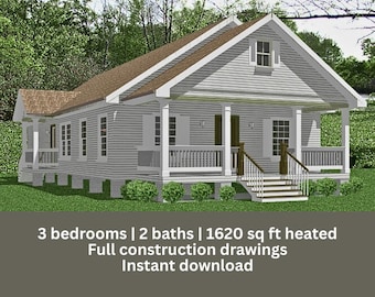 Cheryl Cottage House Plans: 3 Bedroom, 2 Bath, 1620 sq ft (PDF Download Construction Blueprints)