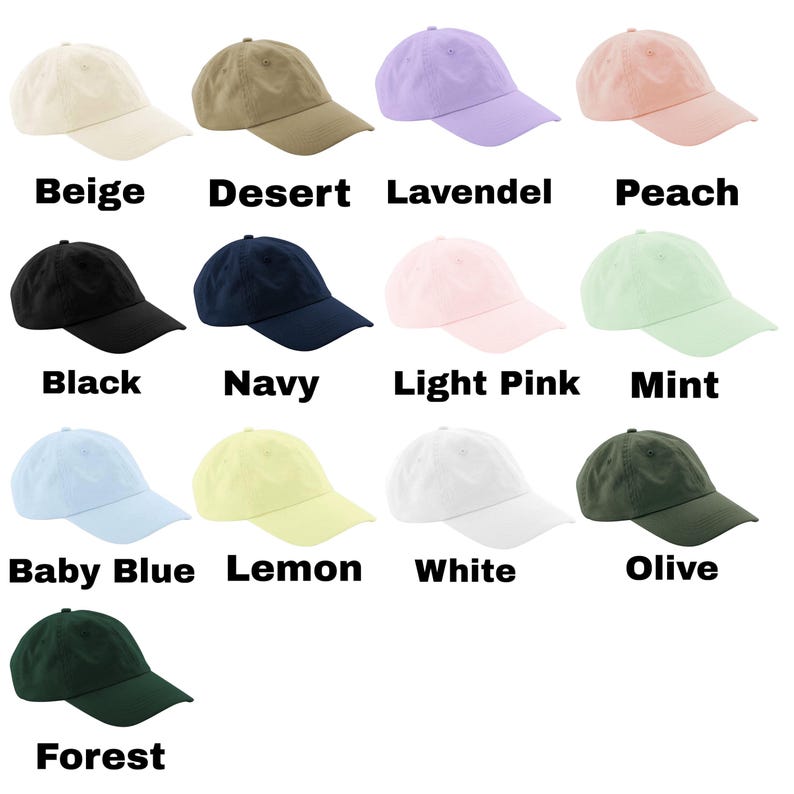 May include: A collection of baseball caps in various colors, including beige, desert, lavender, peach, black, navy, light pink, mint, baby blue, lemon, white, olive, and forest green. Each cap has a curved brim and adjustable strap.