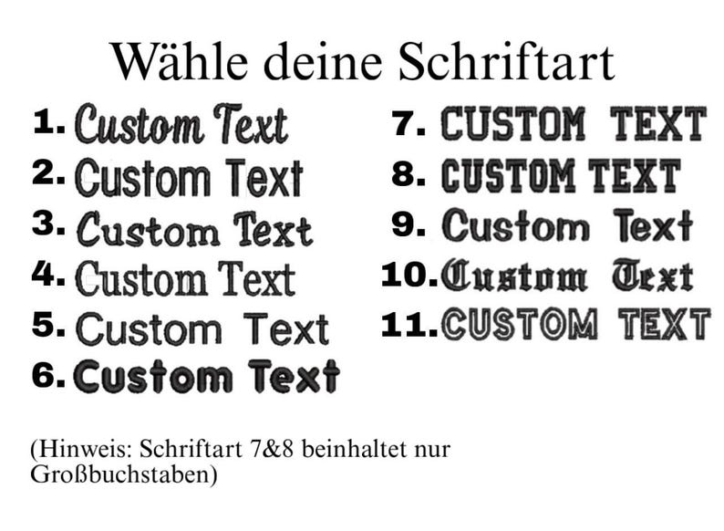 May include: A white background displays a selection of 11 font styles, each labeled with a number and the words "Custom Text." The text "W&auml;hle deine Schriftart" is at the top, with a note at the bottom about fonts 7 and 8.