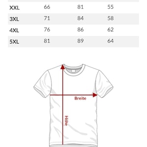 May include: White t-shirt with size chart. The chart shows measurements for sizes S to 5XL, including width, height, and sleeve length in centimeters. The text "Breite" and "H&ouml;he" are labeled on the t-shirt illustration.