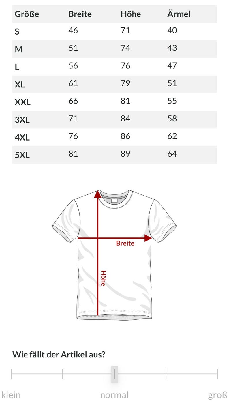 May include: White t-shirt with size chart. The chart shows measurements for sizes S to 5XL, including width, height, and sleeve length in centimeters. The text "Breite" and "H&ouml;he" are labeled on the t-shirt illustration.