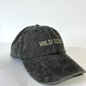 May include: A dark gray baseball cap with the embroidered text "WILD SOUL" in a light tan color. The cap has a curved brim and a classic six-panel design, suitable for casual wear.