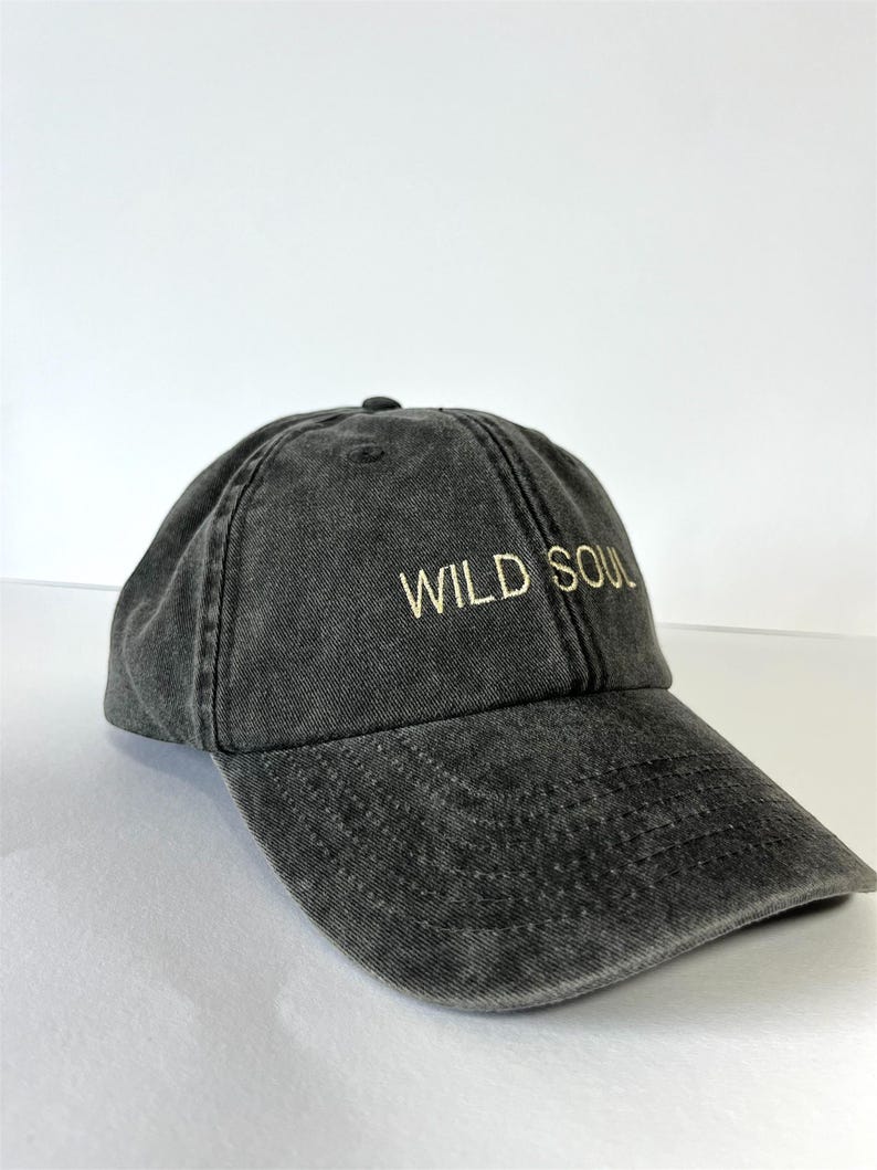 May include: A dark gray baseball cap with the embroidered text "WILD SOUL" in a light tan color. The cap has a curved brim and a classic six-panel design, suitable for casual wear.