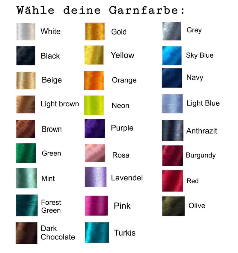 May include: A color chart with the text "W&auml;hle deine Garnfarbe:" and color swatches. Colors include white, black, beige, light brown, brown, green, mint, forest green, dark chocolate, gold, yellow, orange, neon, purple, rosa, lavendel, pink, turkis, grey, sky blue, navy, light blue, anthrazit, burgundy, red, and olive.