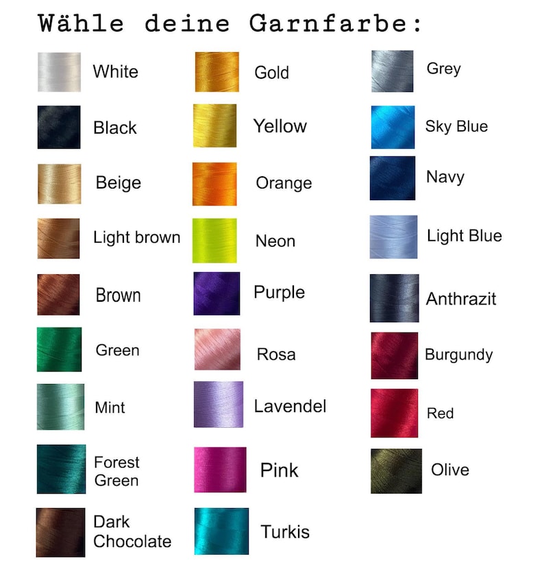 May include: A color chart with the text "W&auml;hle deine Garnfarbe:" and color swatches. Colors include white, black, beige, light brown, brown, green, mint, forest green, dark chocolate, gold, yellow, orange, neon, purple, rosa, lavendel, pink, turkis, grey, sky blue, navy, light blue, anthrazit, burgundy, red, and olive.