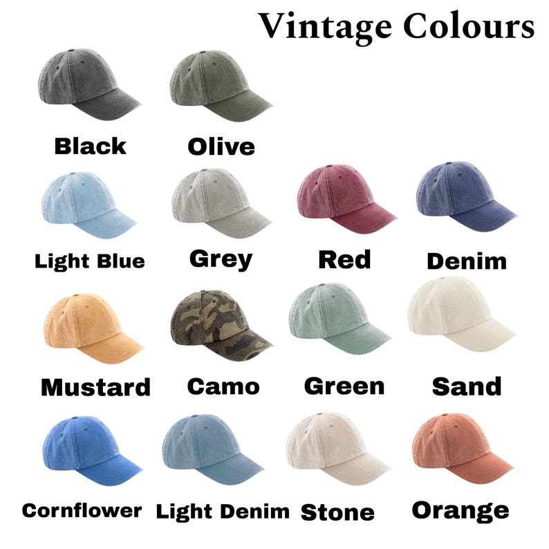 May include: A collection of vintage-style baseball caps in various colors, including black, olive, light blue, grey, red, denim, mustard, camo, green, sand, cornflower, light denim, stone, and orange. The text "Vintage Colours" is at the top.