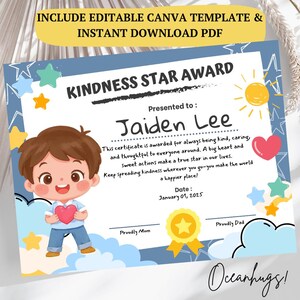 Premio a la bondad imprimible para niños pequeños, plantilla de Canva editable, certificado de comportamiento positivo para niños, lindo regalo de cumpleaños personalizado