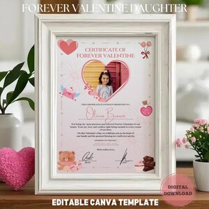 Certificado imprimible de HIJA DE SAN VALENTÍN PARA SIEMPRE, certificado de regalo de amor de los padres, plantilla de Canva editable, carta de agradecimiento para niños