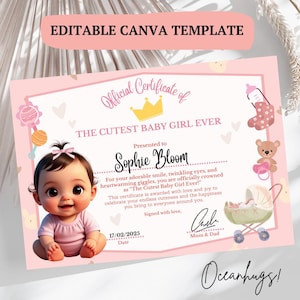 DRUKAŁY NAJSŁODSZY DZIECKO Certyfikat, Noworodek Pamiątka Edytowalny Szablon Canva, Prezent na Baby Shower Pierwsze Urodziny Dziewczynka Wnuczka Prezent Znak